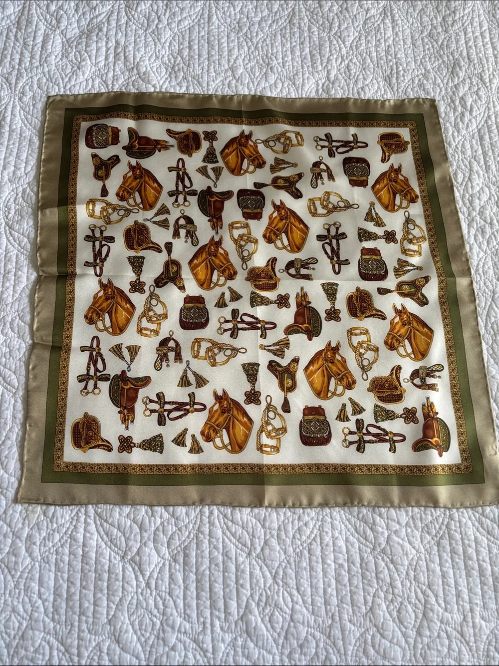 Unbranded Equestrian Motif Print Silk Scarf Ivory Gold & Olive Handmade